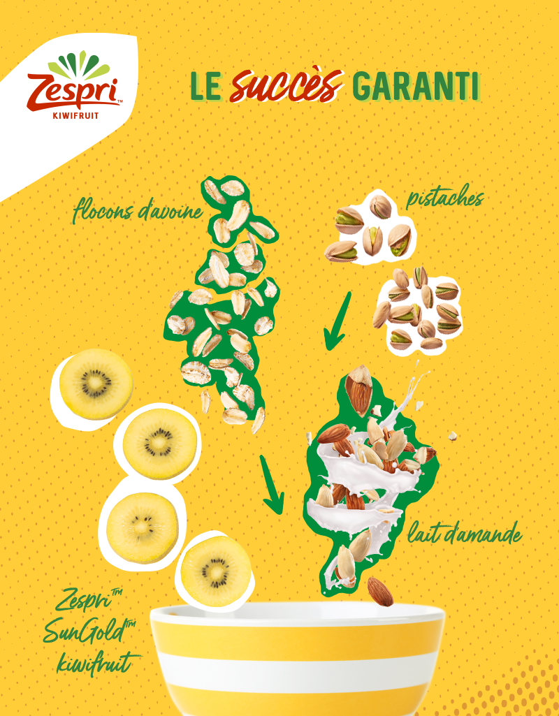 Flocons d’avoine avec du lait d’amande, des pistaches et des kiwis Zespri™ SunGold™